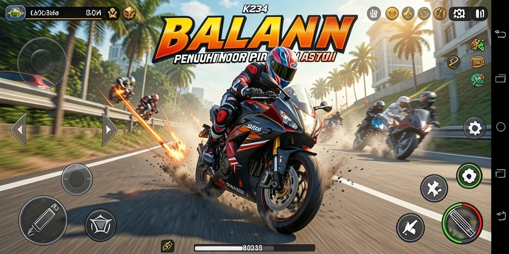 Tangkapan layar gameplay K234 menunjukkan balapan motor yang mendebarkan.