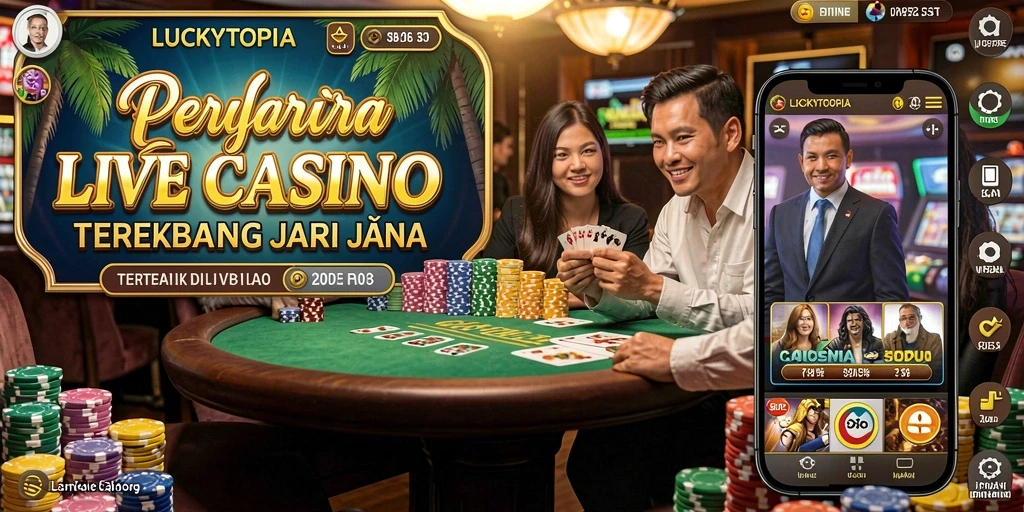 Screenshot gameplay LUCKYTOPIA menampilkan dealer langsung dan interaksi pemain.