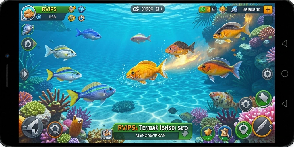 Screenshot gameplay RVIP5 yang menampilkan aksi menembak ikan.