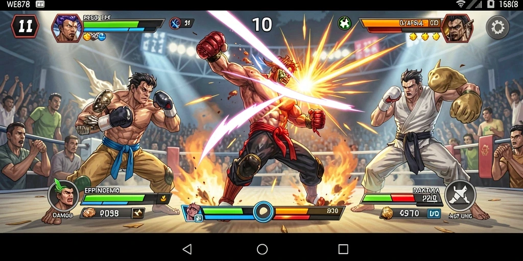 Screenshot utama WE878 menampilkan aksi bertarung yang memukau di arena.