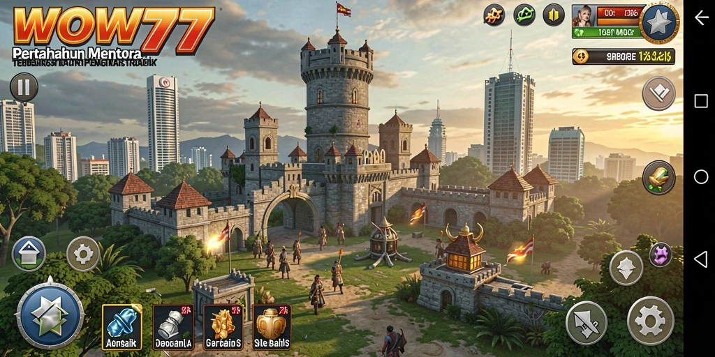 Screenshot utama WOW77 menampilkan aksi menara pertahanan yang intens.